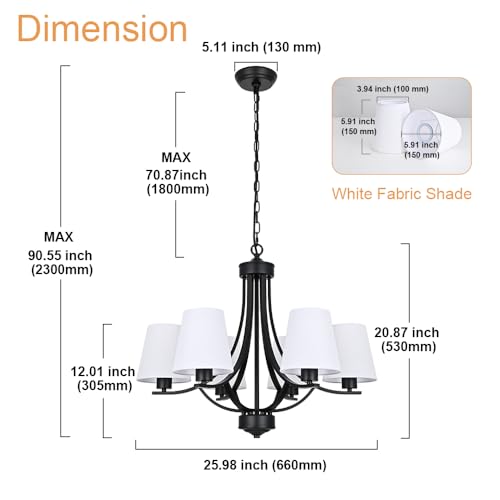 Farmhouse Chandeliers 6 Light Black Contemporary Pendant Lighting Rustic Dining Room Lighting Fixtures Hanging with White Fabric Shade
