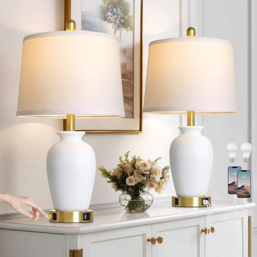 Set of 2 White Ceramic Modern Table Lamps with Ginger Jar Design