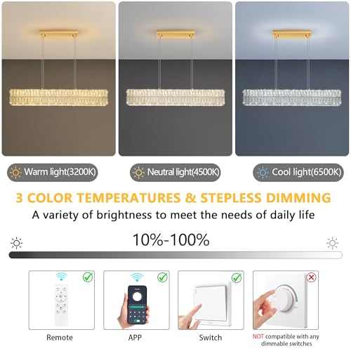 40 Inch Glam Crystal Chandelier Modern Dimmable Crystal Chandeliers LED Rectangular Ceiling Light Fixtures for Dining Room Living Room Glod