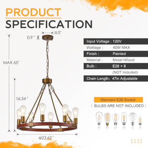 Farmhouse Wagon Wheel Chandelier 24" Rustic Gold Chandelier for Dining Room