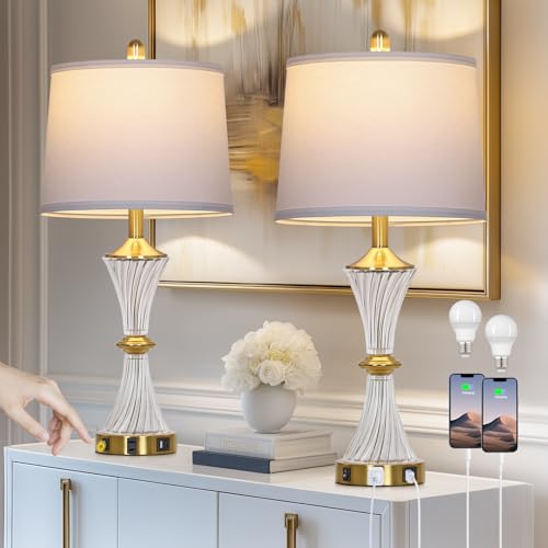 Crystal Glass Table Lamp Set of 2 with USB C+A Ports & AC Outlet (2 Count)