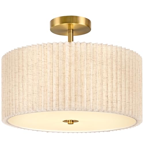 3 Light Semi Flush Mount Lights Fixture Drum Ceiling Light with Pleated Fabric Shade Gold Semi Flush Mount Ceiling Lights 16 Inch Close to Light Fixtures for Living Room Hallway