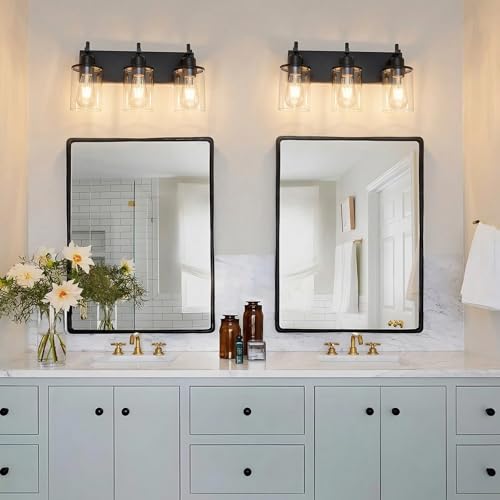 3 Light Black Bathroom Light Fixture Over Mirror Modern Farmhouse Bathroom Vanity Light Vintage Wall Lighting with Clear Glass Shade for Bathroom (3 Count)