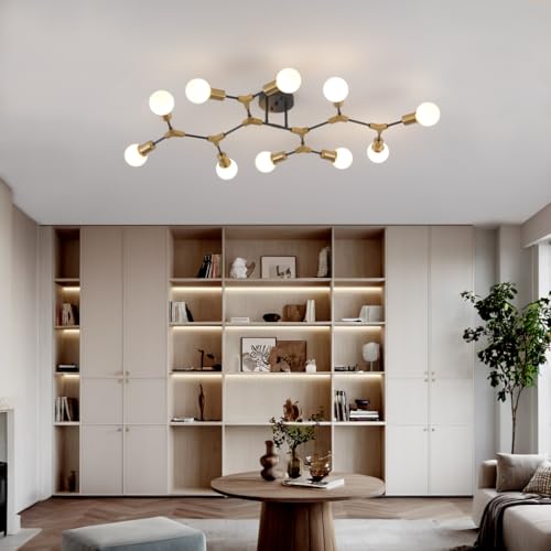 Modern Gold and Black Sputnik Semi Flush Mount Ceiling Light Fixture