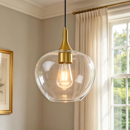 9.45in Gold Pendant Lights Kitchen Island with Clear Glass Shade 1Pack