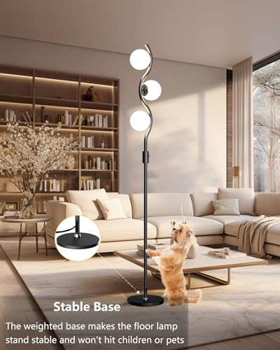 3 Globe Floor Lamp Dimmable Black Floor Lamps with 3 Soft Warm White 3000K Bulbs (3 Count)