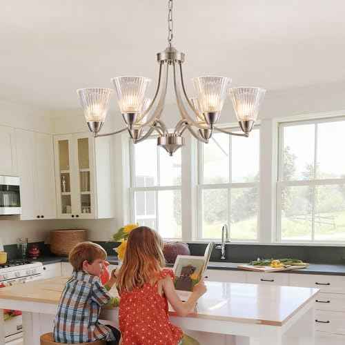 6 Light Brushed Nickel Dining Room Chandelier, Adjustable Farmhouse Chandelier with Frosted Glass Shades, Dimmable Modern Rustic Hanging Light for Kitchen Island, Living Room, Sloped Ceiling, Foyer