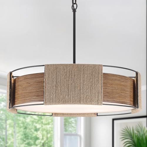 23.62'' Rattan Chandeliers Farmhouse Drum Chandelier for Dining Room