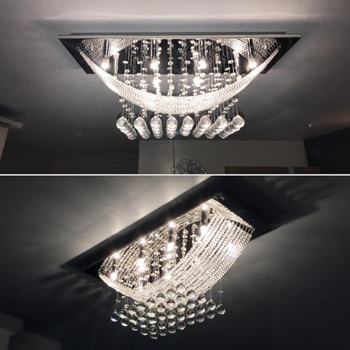 Crystal Chandelier Modern Chandelier Flush Mount Chandelier Silver Rectangle Crystal Raindrop Chandelier 8 Lights Ceiling Light Fixture Pendant Lamp for Kitchen Island Dining Room Closet Wedding Decor