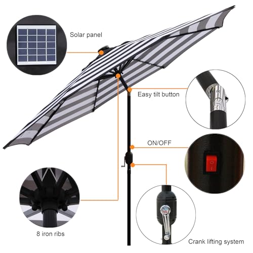 9 ft Solar Umbrella 32 LED Lighted Patio Umbrella Table Market Umbrella with Tilt and Crank Outdoor Umbrella for Garden