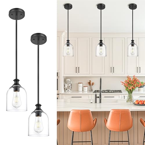 2 Pack Modern Black Pendant Lights Kitchen Island Cylinder Glass (2 Count)