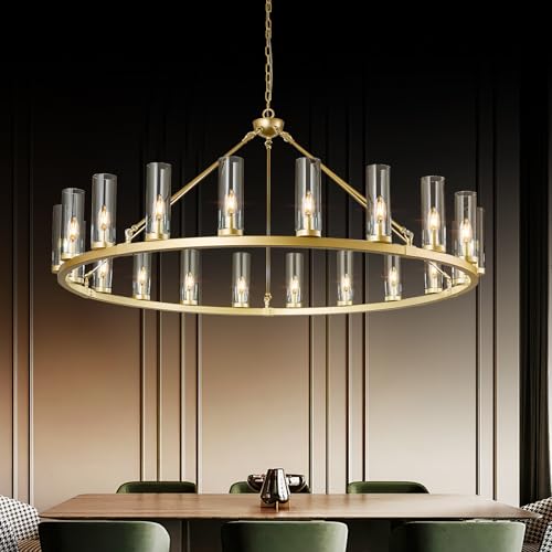 20 Light Large Wagon Wheel Chandelier with Clear Glass Shade Gold Round Pendant Light Farmhouse Industrial Chandeliers Dining Room Light Fixture for Stair Living Room Foyer Kitchen