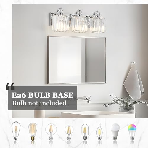 3 Light Modern Bathroom Light Fixture Chrome Vanity Lights Over Mirror Wall Sconce Lighting with K9 Crystal Shades Bathroom Wall Lamp E26 Base for Bedroom