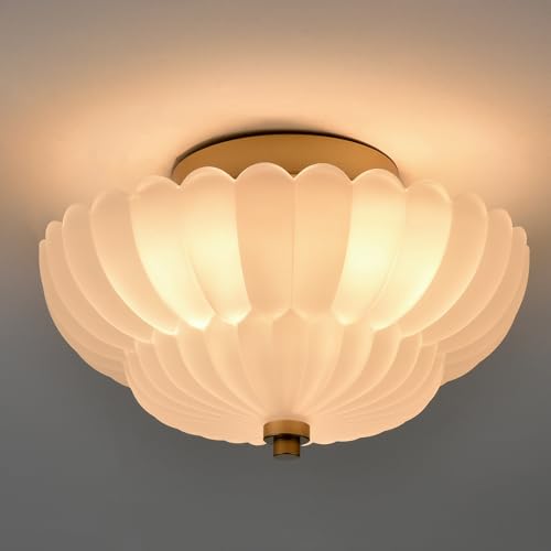 Gold Flush Mount Ceiling Light with Scalloped Frosted Milk Glass