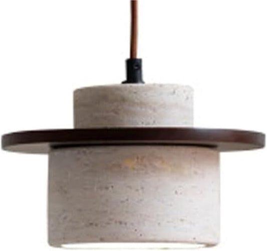 Travertine Pendant Light, Stone Cylinder Hanging Lamp with Wood Disc Accent, E26 Base, Wabi-Sabi Modern Minimalist Japandi Style Lighting for Bedside, Kitchen Island, Bar Counter(Walnut Color)