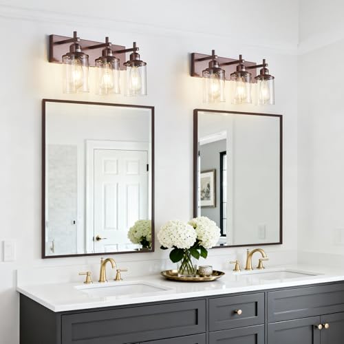 3 Light Bronze Bathroom Light Fixtures Over Mirror
