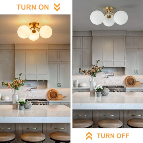 Gold Opal Globe Mid Century Modern Semi Flush Mount Ceiling Light Fixture