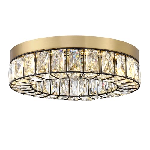 Crystal LED Flush Mount Ceiling Light Fixtures Modern Black and Gold LED Chandelier Lighting for Kitchen Closet Hallway Bedroom Foyer Laundry Room