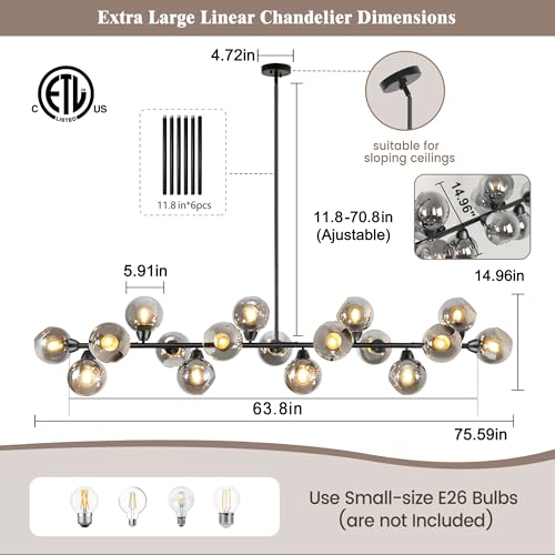 75'' Black Linear Chandelier Large Dining Room Light Fixtures Over Table