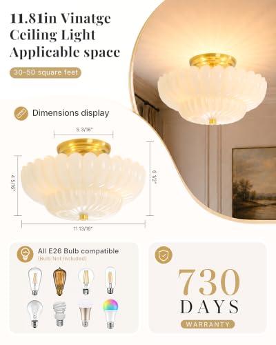 Semi Flush Mount Ceiling Light Fixture 11.8" Vinatge Gold Ceiling Lights Mid Century Modern Milk White Glass Close to Ceiling Lighting Fixtures for Bedroom Hallway Foyer Bathroom Kitchen