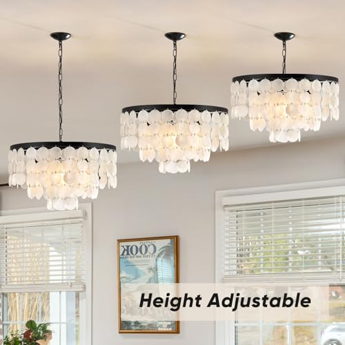 4 Light Black Capiz Shell Coastal Chandeliers for Dining Room