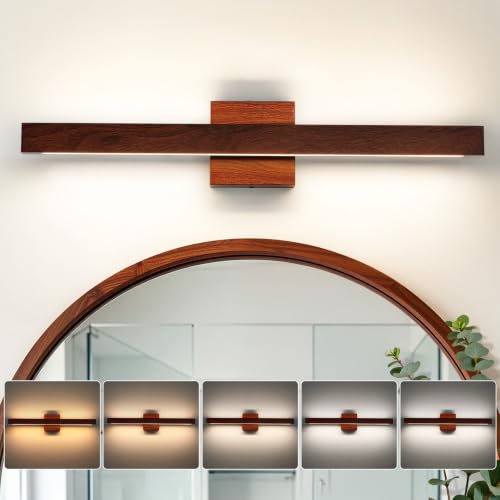 Bathroom Vanity Light 24 Inch Brown Wood Finish Bathroom Light Fixture Over Mirror with Up & Down Lighting 20W Dimmable 5CCT LED Vanity Lighting Fixture Bar for Restroom Bedroom