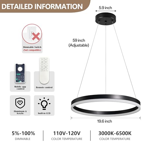 20" Modern Black Led Chandelier Ring Dimmable LED Chandeliers with Remote Control for Kitchen Island Height Adjustable Chandelier Led Pendant Light for Living Room Dining Room Bedroom Foyer