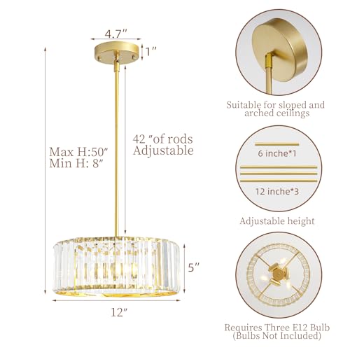 Adjustable Height Modern Gold Crystal Chandelier 12 Inch (Gold / 12 in)