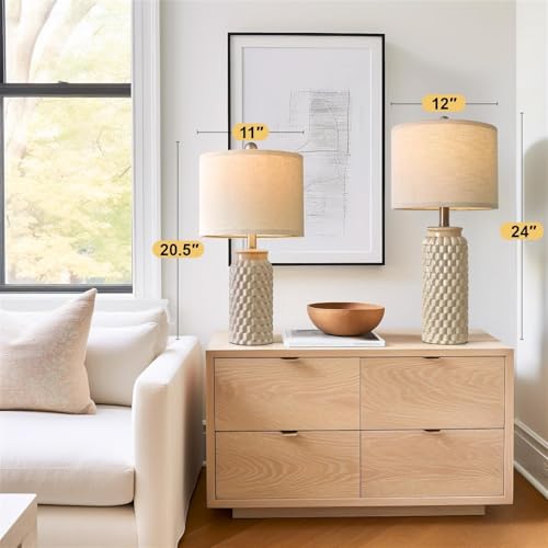 24" Modern Ceramic Bedside Lamp Set of 2 for Bedroom Decor Farmhouse Table Lamp for Living Room Office Dorm Cream (2 Count)