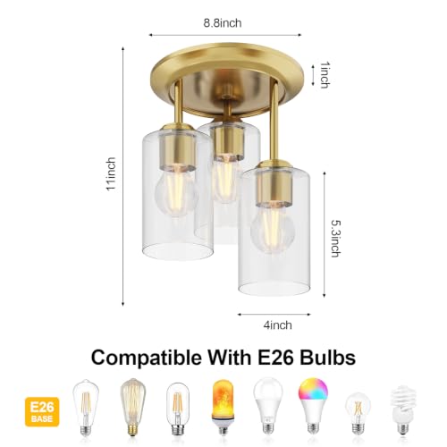 3 Lights Semi Flush Mount Ceiling Light Fixture Gold for Kitchen (3 Count)