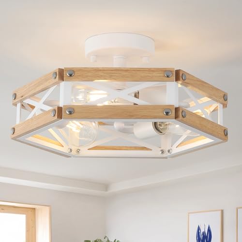 3 Light Modern Farmhouse Wood Flush Mount Ceiling Light Fixture 14.5 inch Vintage Natural Wood and Metal Cage Semi Flush Mount Ceiling Light for Hallway Entry Bedroom Farmhouse