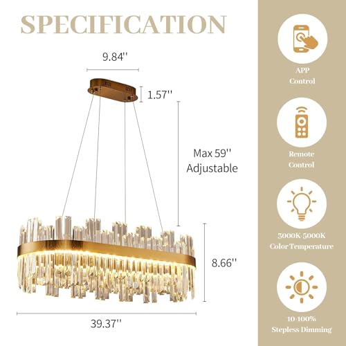 39.3" Glod Rectangular Modern Led Crystal Dining Room Chandelier