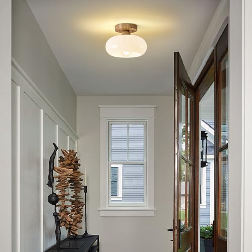 Mid Century Modern Faux Wood Semi Flush Ceiling Light 8.66 Inch