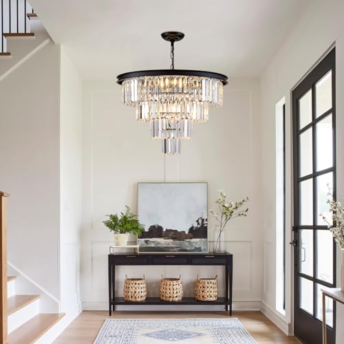10 Light Black Crystal Chandelier 24'' Modern Round Chandeliers for Dining Room Contemporary Ceiling Pendant Light Fixture 4