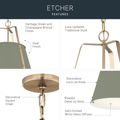 Etcher 18" 2 Light Updated Traditional Pendant with Satin Etched White Glass Diffuser in Heritage Green and Champagne Bronze