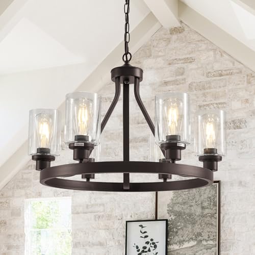 6 Light Farmhose Chandelier for Dining Room Light Fixture Oil Rubbed Bronze Kitchen Pendant Light Round Rustic Ceiling Hanging Lighting with Glass Globes Adjustable Height Metal E26
