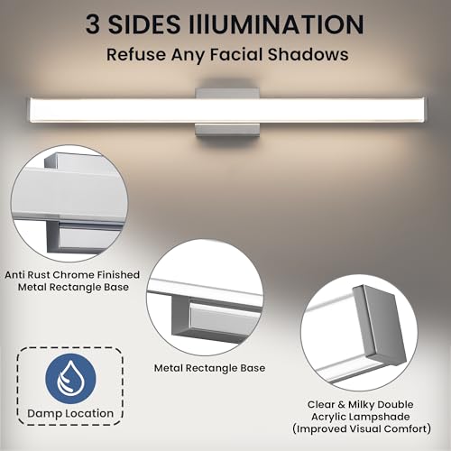 Modern LED Bathroom Vanity Light 36 inch 24W Dimmable 3CCT Bathroom Light Fixture Over Mirror Rectangle Bath Vanity Light Bar with Double Layer Acrylic Shade (36 inch(es))