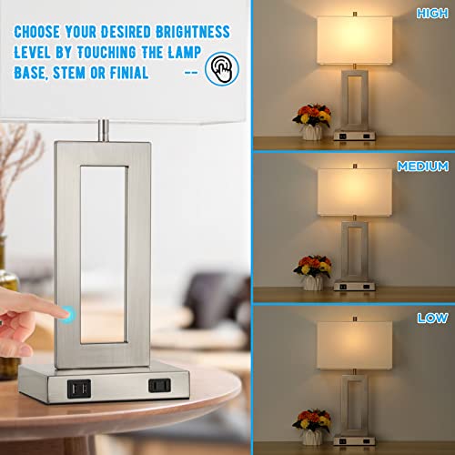 22" Silver Modern Table Lamp Set of 2 with 2 USB Ports&AC Outlet (2 Count)