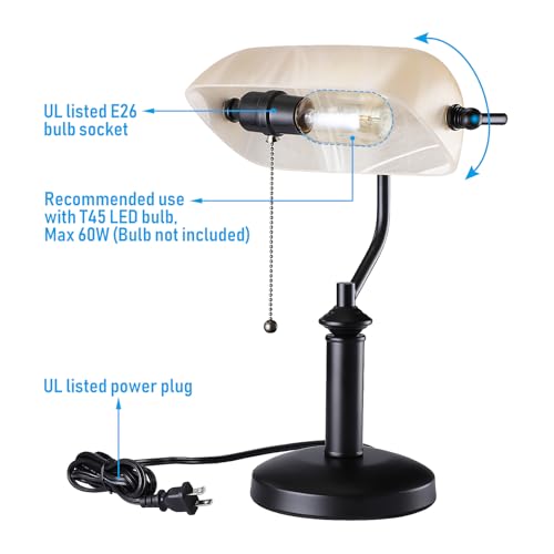 Pale Yellow Glass Bankers Desk Lamp with Pull Chain
