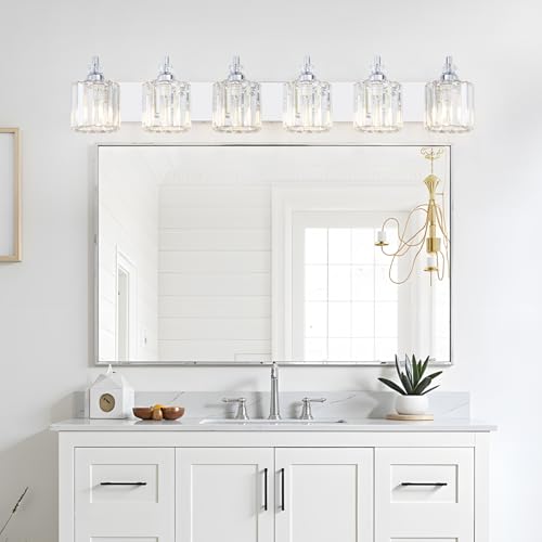 6 Light Modern Bathroom Light Fixture Chrome Bathroom Vanity Lights Over Mirror Wall Sconce Lighting with K9 Crystal Shades E26 Base for Bedroom