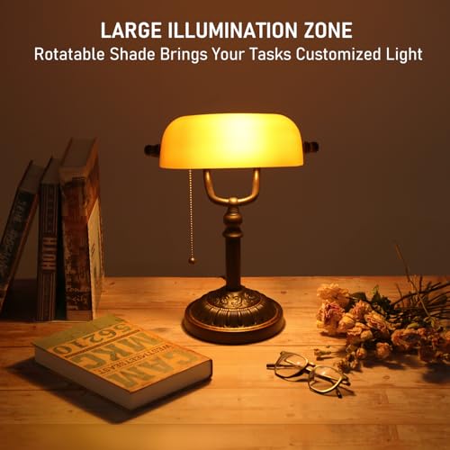Amber Glass Bankers Desk Lamp with Pull Chain