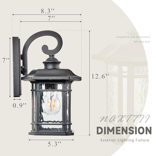 Outdoor Wall Lights Garage Outdoor Light Fixtures Waterproof Porch Light with Water Ripple Glass Black Finish E26 Socket Max 60W