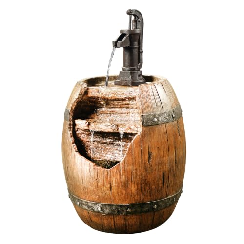 Vintage Barrel Waterfall Fountain with Pump for Outdoor Patio Garden Backyard Decking