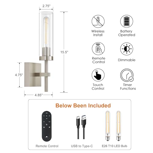 Brushed Nickel Battery Operated Wall Sconces with Remote Control
