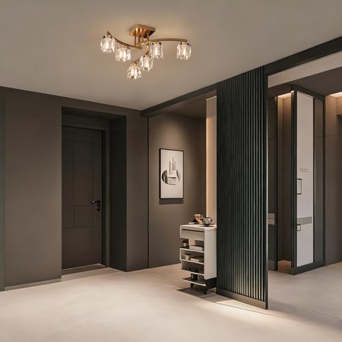 6 Light Modern Sputnik Ceiling Light Fixture Farmhouse Crystal Semi Flush Mount Ceiling Light Gold Chandeliers for Dining Room Living Room Kitchen Island Bedroom Entryway