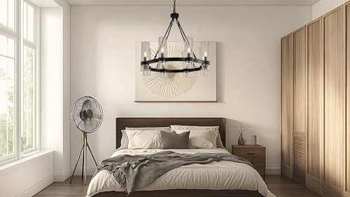 26 Inch Black Wagon Wheel Chandelier with Glass Shade