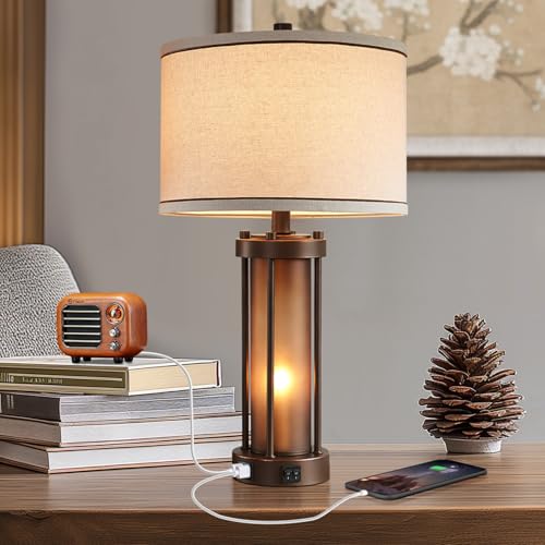 Farmhouse Table Lamps for Living Room with USB C+A Ports