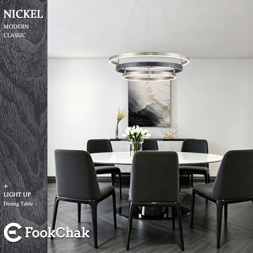 Modern LED Chandelier Black Wood Dimmable 3 Ring Brushed Nickel Chandeliers