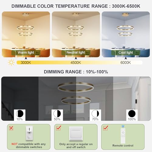 2 Rings Modern LED Chandelier Gold for Dining Room (2 Count)