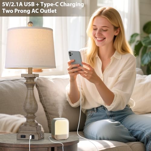 28" Tall Farmhouse Table Lamp with USB C+A Ports and AC Outlet